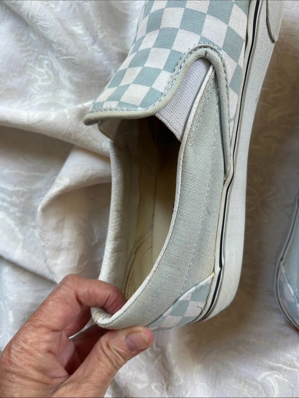 Vans men’s size 10.5 Classic Slip-On Checkerboard Sneakers - Light Blue/White